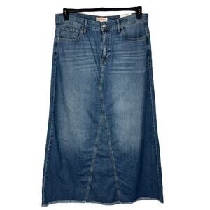 Lucky Brand SZ 16/33 Rigid Denim Maxi Jean Skirt Modest Zip-Fly Frayed Hems Blue